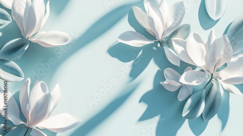 White and blue magnolia blossoms arranged on a light blue background with shadows.