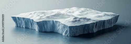 A large iceberg floats on calm water. Its surface is textured with snow and ice, showing a detailed, irregular shape.