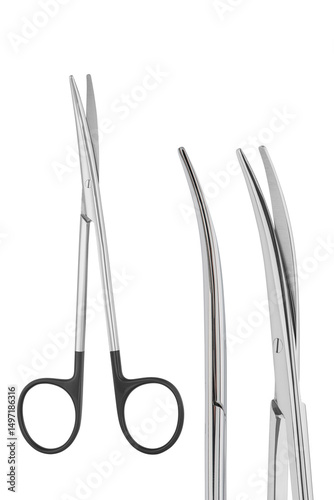 Curved Surgical Scissors Made of Stainless Steel, with distinctive black ring handles – Medical Instrument Close-Up on White Background for Healthcare and Surgical Use, Set of photos, macro