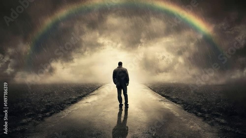 Man Walking Road Rainbow Storm