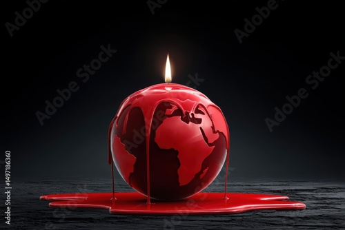Melting globe candle dripping wax like blood on blackened earth, symbolizing climate crisis photo