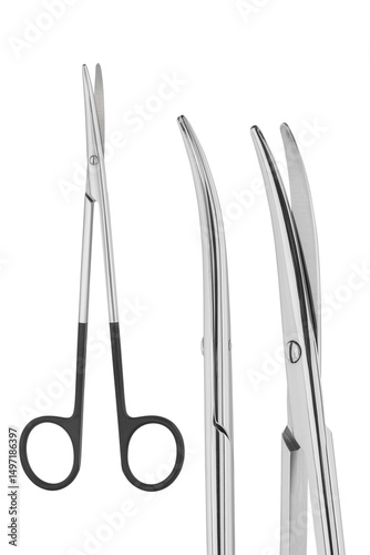Curved Surgical Scissors Made of Stainless Steel, with distinctive black ring handles – Medical Instrument Close-Up on White Background for Healthcare and Surgical Use, Set of photos, macro