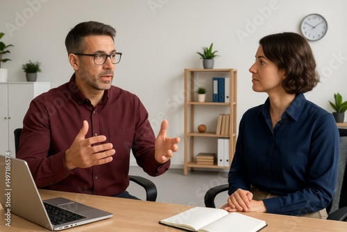 Serious Business Meeting Two Colleagues Discussing Project Modern Office Setting Professional Conversation Work Collaboration Teamwork Planning Strategy Meeting Room Serious Discussion Businesspeople 