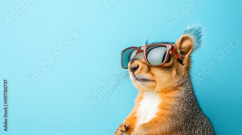 Cool squirrel wearing sunglasses against a blue background.
