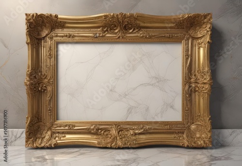 Gilded frame with swirling patterns against polished marble , craft, decorative