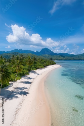 A beautiful beach with palm trees and a clear blue ocean. The sky is mostly clear with a few clouds scattered around. The beach is a perfect place to relax