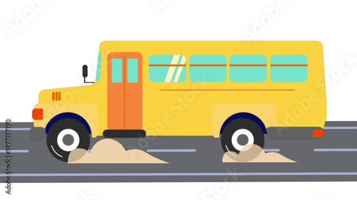 animated cartoon video of a school bus driving on an asphalt road isolated in white