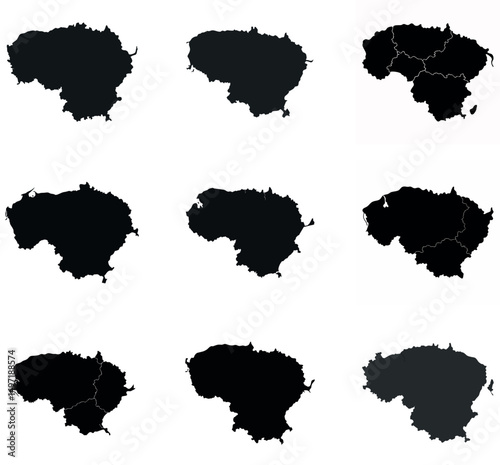 Lithuania  Map Silhouettes Bundle - Set of 9 Black Outline Maps with Regions