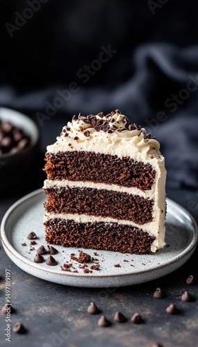 Wallpaper Mural Three-Layer Chocolate Cake Slice with Vanilla Buttercream, Chocolate Shavings and Chocolate Chips Torontodigital.ca