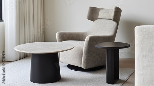 Modern Beige Swivel Chair with Marble & Black Side Tables photo