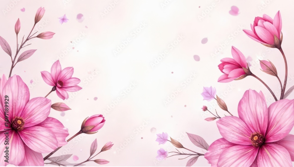 Fototapeta premium Delicate fuchsia floral pattern, watercolor style, light background, summer, textile