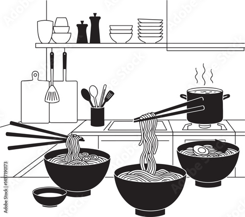 Delicious ramen noodles cooking in kitchen setting