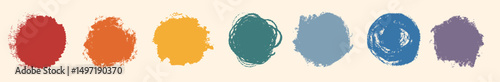 Retro rainbow chalk circles highlight hand drawn collection. Vintage crayon brush grunge graffiti brush smears, strokes. 
