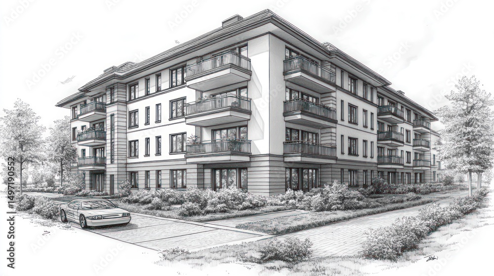 Obraz premium Architectural Design: Luxurious Apartment Building Sketch
