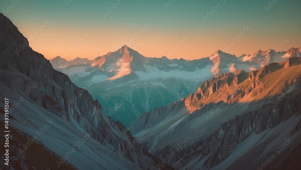 Naklejka premium Scenic mountain landscape with snow-capped peaks at sunrise or sunset. Majestic mountains and rugged terrain. Nature and outdoor adventure.