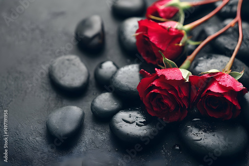Red roses and dark stones create a serene scene.