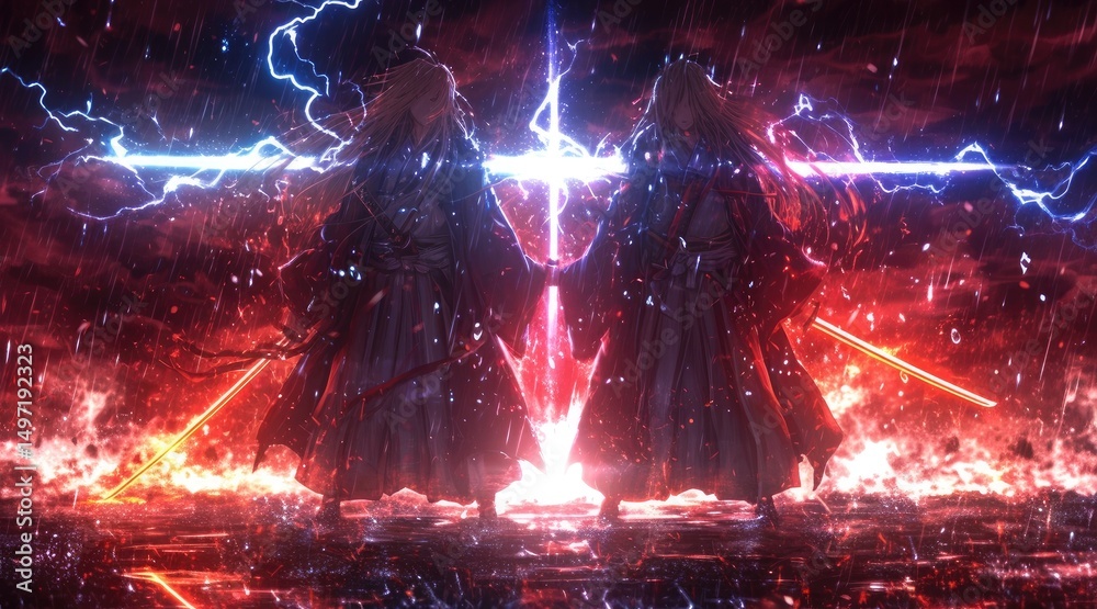 Fototapeta premium Dramatic dual figures clashing amidst a storm of light and fire.