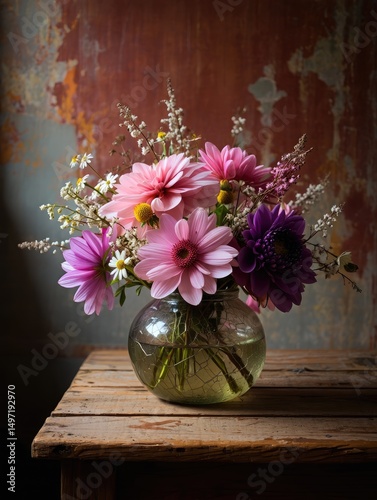 Wallpaper Mural Colorful bouquet of flowers in a glass vase on a wooden table against a textured background Torontodigital.ca
