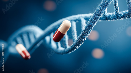 DNA strand with supplement capsules, sci-fi blue background,