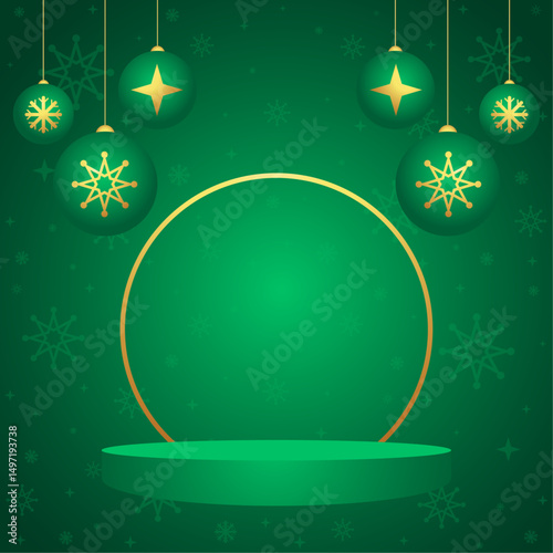 Green Christmas background vector with hanging ornament ball decoration, snowflake pattern, and circular podium stage for holiday celebration, winter festive display design