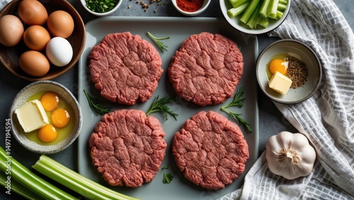 Raw beef patties with eggs, butter, garlic, and vegetables for cooking or grilling, arranged on a tray with fresh herbs and ingredients. photo
