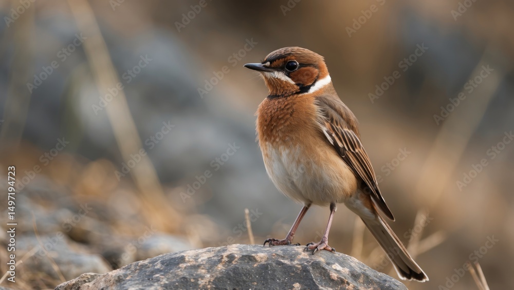 Fototapeta premium A small brown bird perched on a rock, with a blurred natural background.