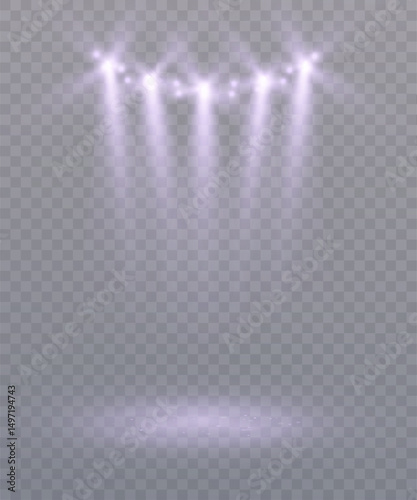 Bright vector spotlights with glow and sparkles on a transparent background. Light rays create a dramatic ambiance for stage, product showcase, or theater-style visual concepts.

