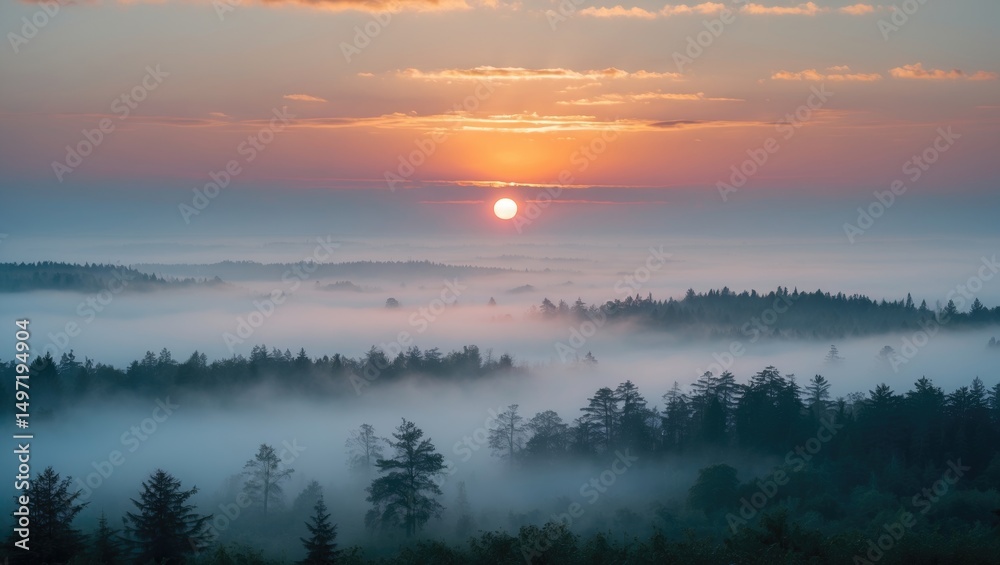 Obraz premium Sunrise over a foggy forest landscape with the sun rising above the horizon. Nature, morning, and scenic view. The concept of dawn and natural beauty.