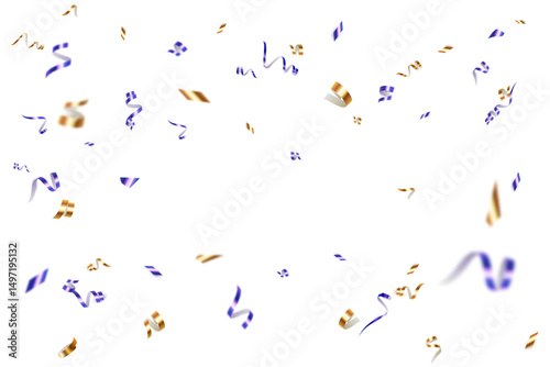 Realistic falling streamers confetti in gold and blue colors on white background. Festive background for celebrations, parties, events or holiday greeting designs.