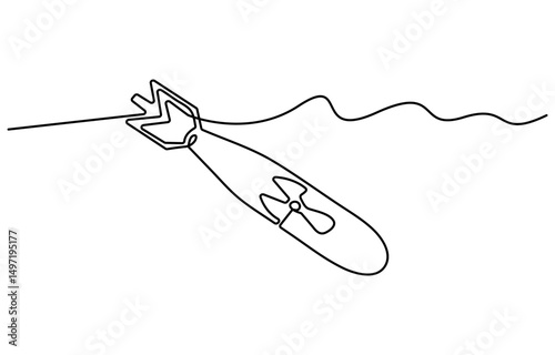 Bomb Military Icon, Russian missile in the ground one line drawing. Stop war in Ukraine. Help Ukraine. War in ukraine. Russian bombings, nuclear bomb continuous one line drawing minimal concept pro.