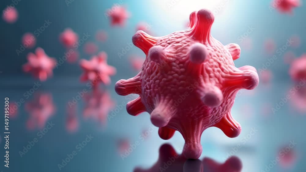 Microscopic virus. 3D render. Red color. Spiky surface. Medical concept. Disease spread. Infection model. Health research. Scientific visualization. Background image. Educational material. Lab study.