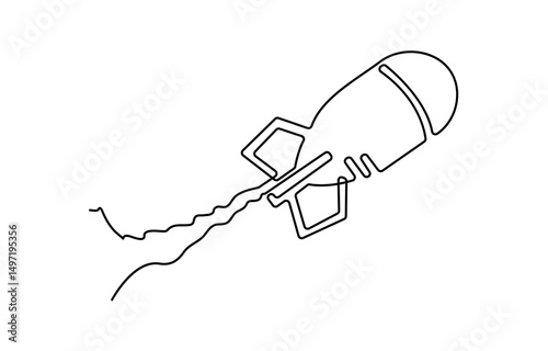 Bomb Military Icon, Russian missile in the ground one line drawing. Stop war in Ukraine. Help Ukraine. War in ukraine. Russian bombings, nuclear bomb continuous one line drawing minimal concept pro.