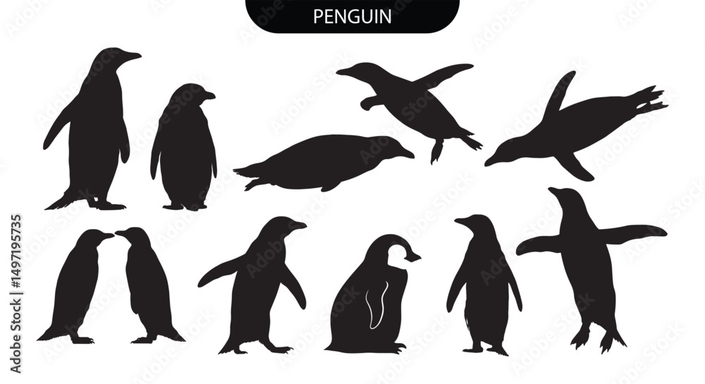 Naklejka premium Penguin Silhouette. Penguin bird Silhouettes Set in Walking and Swimming Black Vector Poses