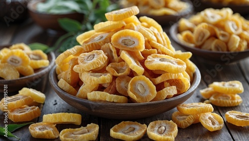 Dried banana slices in bowls with green leaves, on a rustic wooden surface. Snack or fruit preparation. Healthy food, dried fruit, and natural ingredients concept. photo