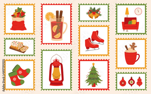 Christmas mail stamps set. Christmas postage stamps. Christmas stickers on envelopes with Christmas illustrations.