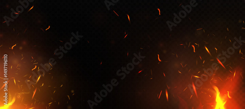 
Backgrounds of burning sparks and glowing fire particles with smoke on a dark background. Fire embers and heat effects for explosions, flame scenes or visual design.
