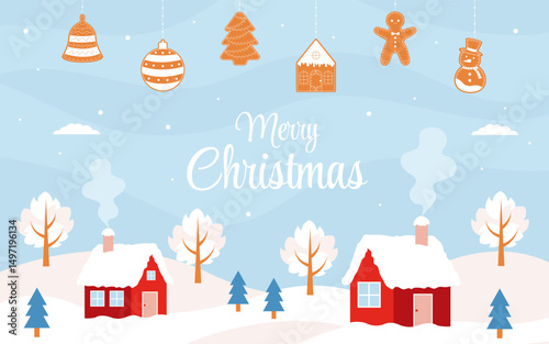 Christmas landscape. Winter scenery with village. Merry christmas background with cute winter landscape and gingerbreads.