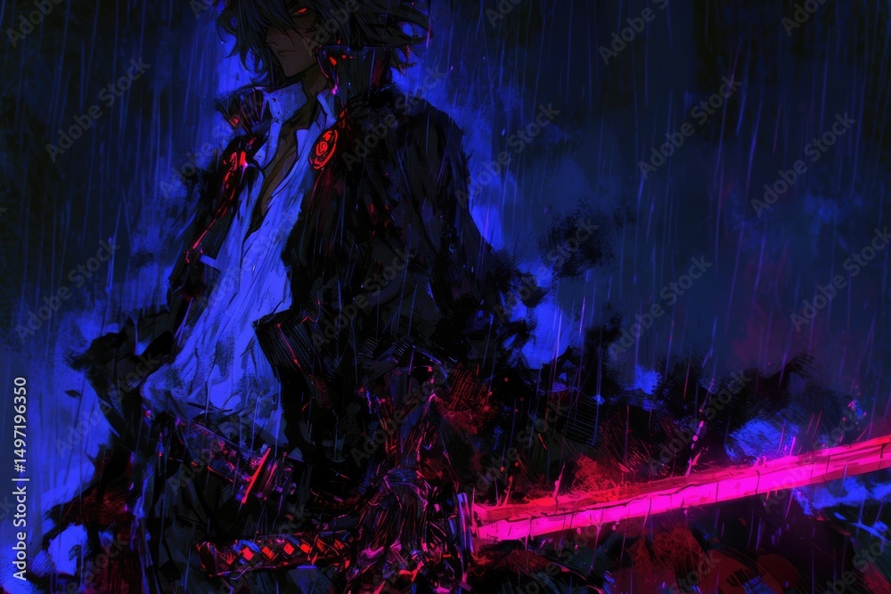 Obraz premium Figure in dark attire during a vibrant, stormy night.