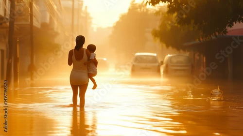 Golden hour sunlight casting warm glow over submerged urban street, showing mother carefully wading through floodwaters while protecting young child amid climate change aftermath