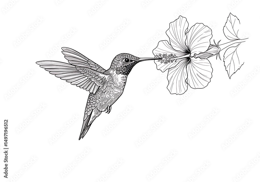 Obraz premium Hummingbird illustration flower drawing bird nature floral design sketch art blossom line art fauna in black and white for adult coloring book. can use for print , coloring and card design