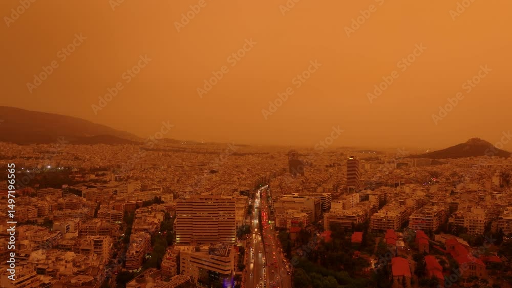 Sahara dust storm engulfs Athens, Kifisias Avenue under thick orange ...