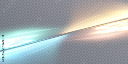 Abstract refractive light glare effect with intersecting translucent rays. Bright blue-gold glare with luminous refraction curves on transparent background.