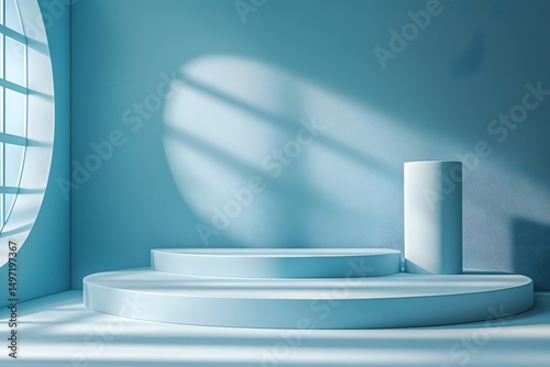 Serene Blue Studio with Circular Platform and Cylinder