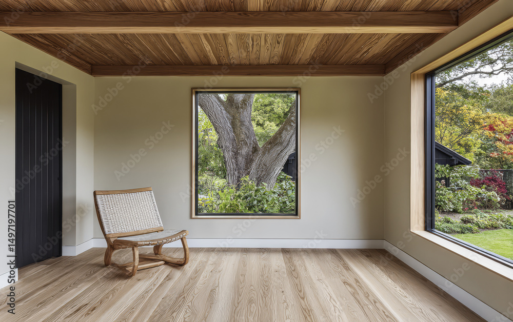 Fototapeta premium Cozy modern interior with large windows showcasing lush garden view