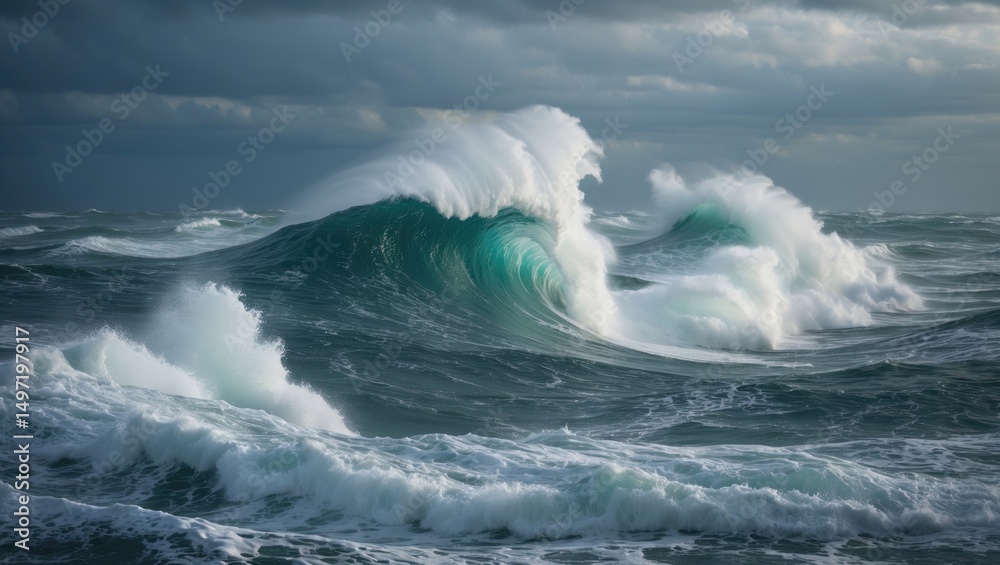 Naklejka premium Powerful ocean waves with crashing surf and turbulent water under a cloudy sky. Nature scenery of the sea and waves. Marine environment and stormy weather.
