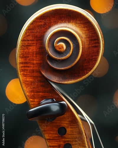 Close-up of polished violin scroll with soft golden backlight and shallow depth of field Classical Instrument Close-Ups and Texture Detail Warm Studio Mood and Ambient Soft Light