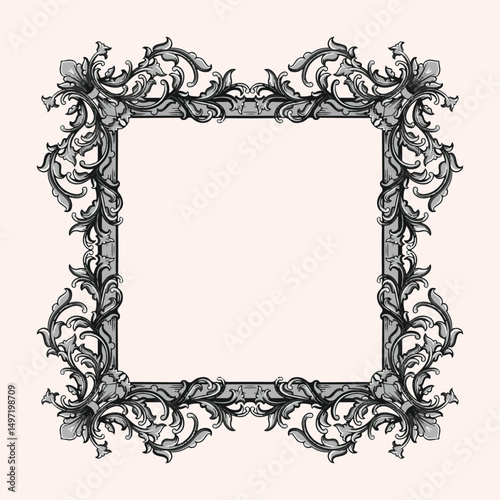 vintage baroque frame with floral ornament engraving illustration art