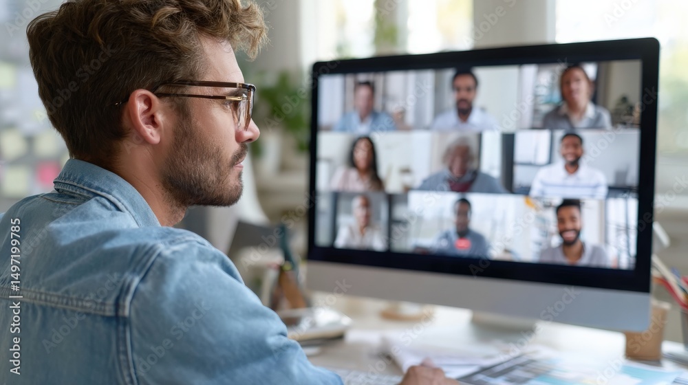 Fototapeta premium Focused team leader coordinating video call with global team members on desktop screen..