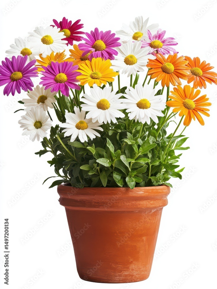 Flowers Potted. Beautiful Blooming Daisy Arrangement in Clay Pot on White Background Flowers Potted. Beautiful Blooming Daisy Arrangement in Clay Pot on White Background