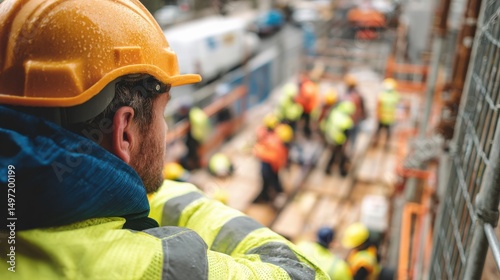 Foreman in high-visibility jacket and helmet watching over workers from raised platform..